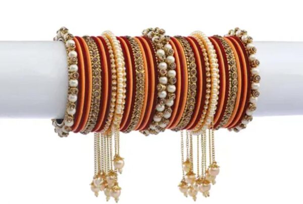 Elegant Maroon & Peach Gold-Plated Pearl Studded Kada with Velvet Bangles - Pack of 42: Exclusive Bangle Set for Women and Girls