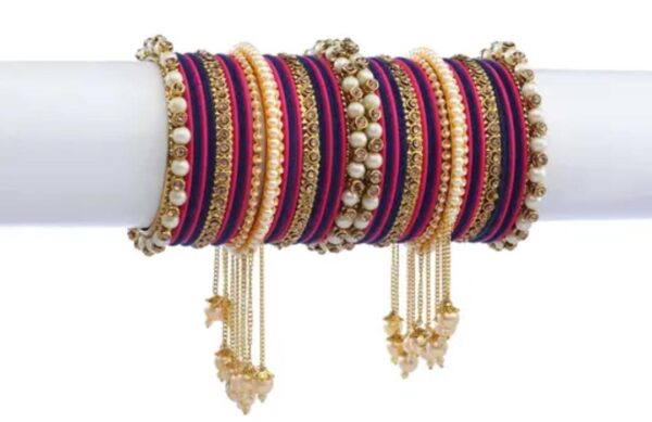 Elegant Blue Surf & Gold-Plated Pearl Studded Kada with Velvet Bangles - Pack of 42: Luxurious Bangle Set for Women and Girls - Image 2