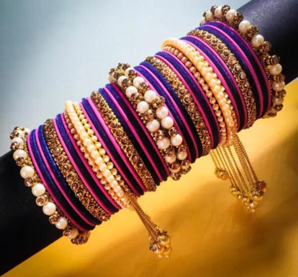 Elegant Blue Surf & Gold-Plated Pearl Studded Kada with Velvet Bangles - Pack of 42: Luxurious Bangle Set for Women and Girls - Image 3