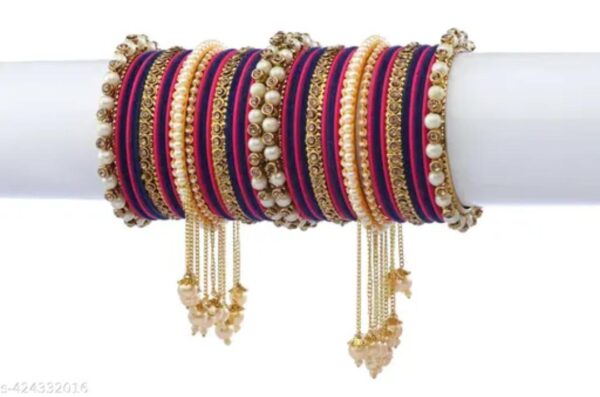 Elegant Blue Surf & Gold-Plated Pearl Studded Kada with Velvet Bangles - Pack of 42: Luxurious Bangle Set for Women and Girls