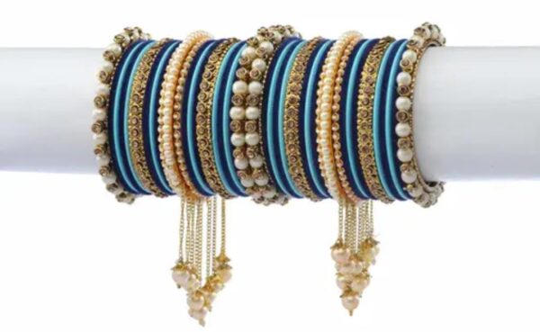 Elegant Blue Surf & Gold-Plated Pearl Studded Kada with Velvet Bangles - Pack of 42: Luxurious Bangle Set for Women and Girls