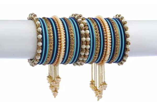 Elegant Blue Surf & Gold-Plated Pearl Studded Kada with Velvet Bangles - Pack of 42: Luxurious Bangle Set for Women and Girls - Image 2