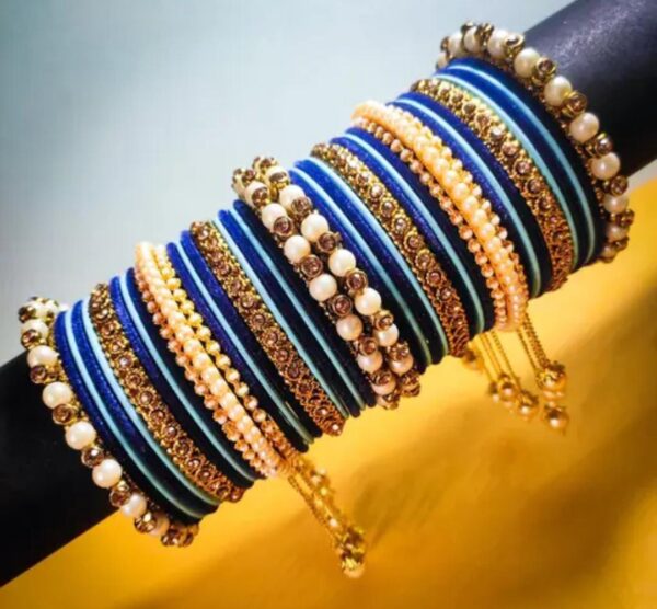 Elegant Blue Surf & Gold-Plated Pearl Studded Kada with Velvet Bangles - Pack of 42: Luxurious Bangle Set for Women and Girls - Image 3