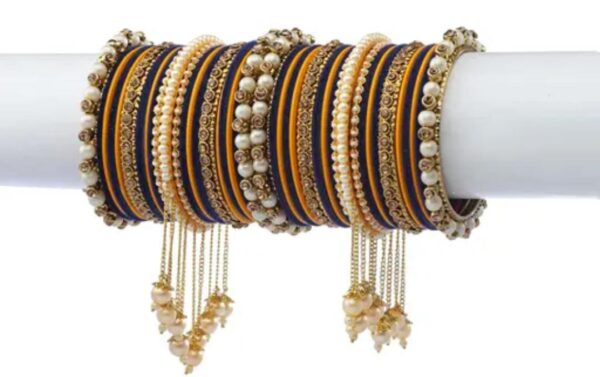 Elegant Blue Haldi & Gold-Plated Pearl Studded Kada with Velvet Bangles - Pack of 42: Exquisite Bangle Set for Women and Girls