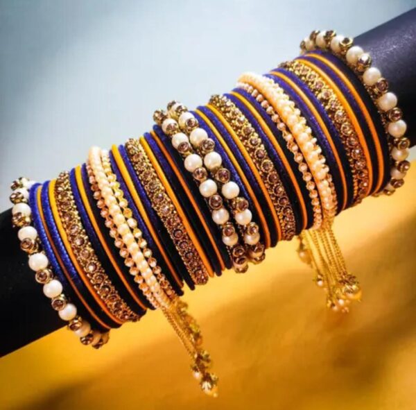 Elegant Blue Haldi & Gold-Plated Pearl Studded Kada with Velvet Bangles - Pack of 42: Exquisite Bangle Set for Women and Girls - Image 2