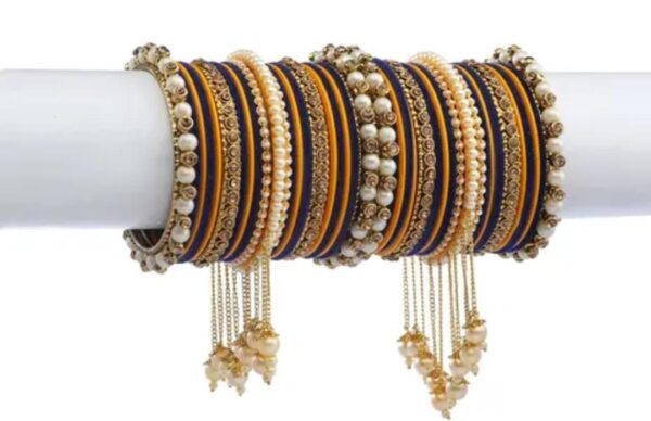 Elegant Blue Haldi & Gold-Plated Pearl Studded Kada with Velvet Bangles - Pack of 42: Exquisite Bangle Set for Women and Girls - Image 3