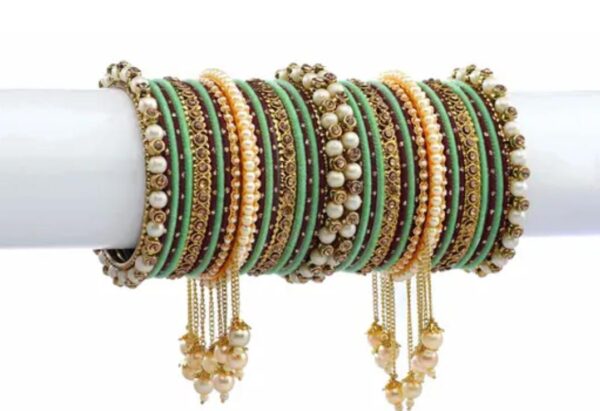 Elegant Wine-Pista & Gold-Plated Pearl Studded Kada with Velvet Bangles - Pack of 42: Stunning Bangle Set for Women and Girls - Image 3