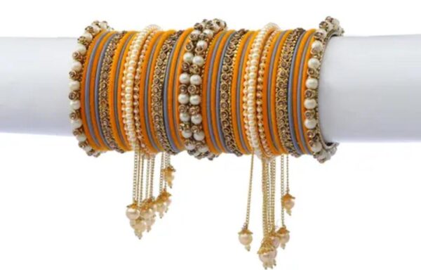 Elegant Haldi-Orange & Gray Gold-Plated Pearl Studded Kada with Velvet Bangles - Pack of 42: Gorgeous Bangle Set for Women and Girls