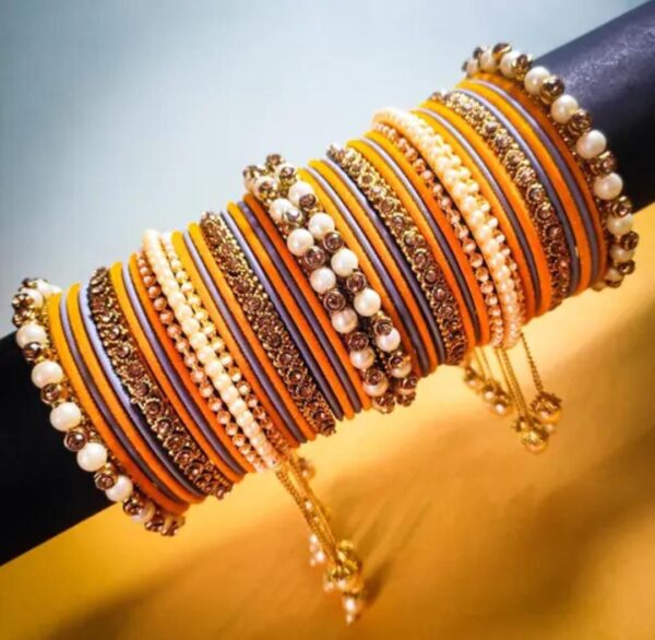 Elegant Haldi-Orange & Gray Gold-Plated Pearl Studded Kada with Velvet Bangles - Pack of 42: Gorgeous Bangle Set for Women and Girls - Image 2