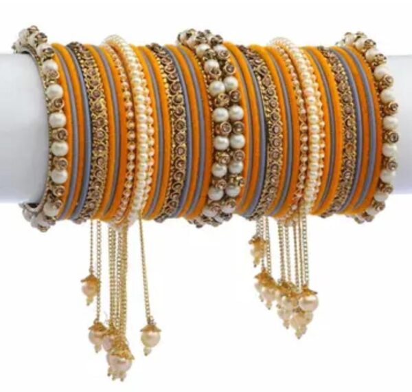 Elegant Haldi-Orange & Gray Gold-Plated Pearl Studded Kada with Velvet Bangles - Pack of 42: Gorgeous Bangle Set for Women and Girls - Image 3