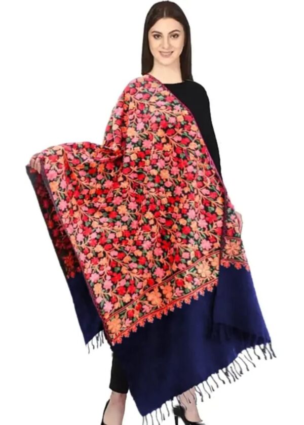 Designer Dark Blue Floral Printed Kashmiri Embroidery Woolen Shawl for Women - Vintage Collection