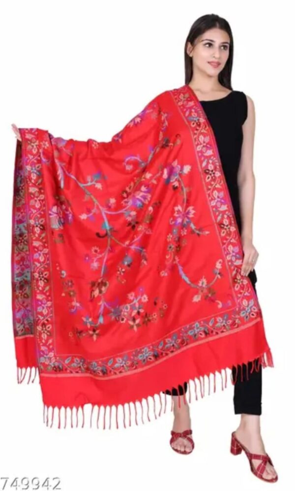 Luxurious Red Embroidered Wool Shawl for Women