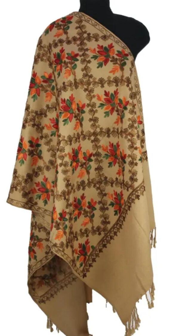 Beige Kashmir Embroidered Poly Acrylic Wool Shawl For Women