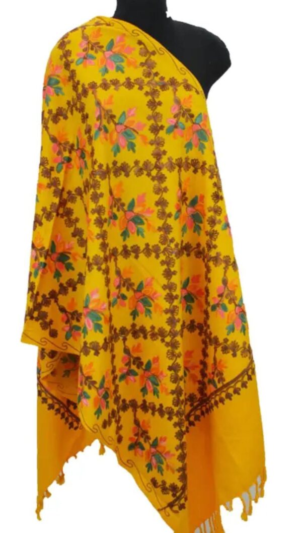 Yellow Kashmir Embroidered Poly Acrylic Wool Shawl For Women