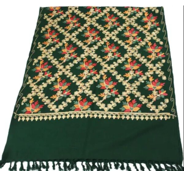 Dark Green Kashmir Embroidered Poly Acrylic Wool Shawl For Women