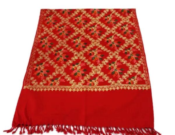 Red Kashmir Embroidered Poly Acrylic Wool Shawl For Women