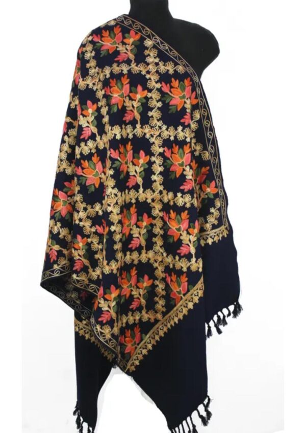 Navy Blue Kashmir Embroidered Poly Acrylic Wool Shawl For Women