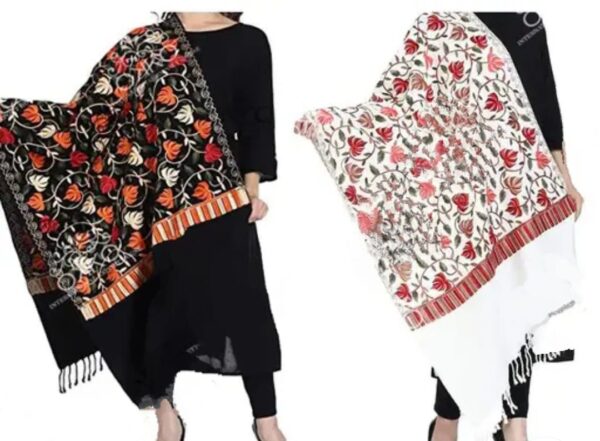 Combo Set of 2 Black And White Kashmiri Embroidered Wool Shawls Premium Quality Aari Work Winter Wear for Women (28"x80")