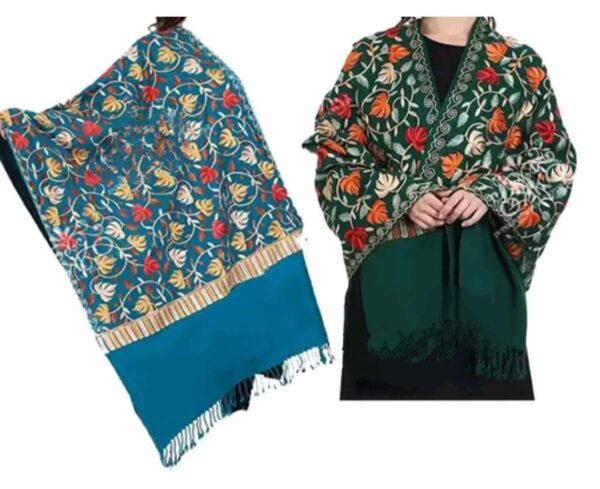 Combo Set of 2 Blue And Dark Green Kashmiri Embroidered Wool Shawls Premium Quality Aari Work Winter Wear for Women (28"x80")