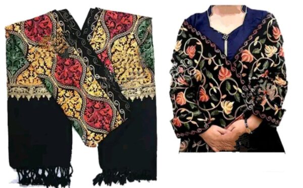 Combo Set of 2 Black Kashmiri Embroidered Wool Shawls Premium Quality Aari Work Winter Wear for Women (28"x80")