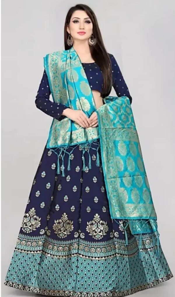 Semi-Stitched Silk Lehenga Set DARK BLUE AND LIGHT BLUE