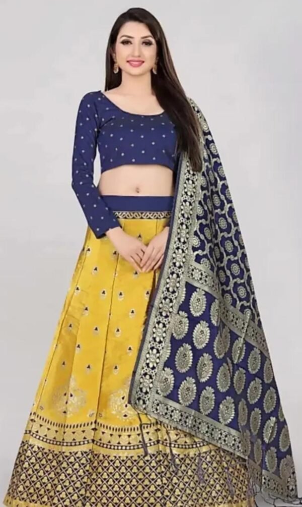 Semi-Stitched Silk Lehenga Set YELLOW AND DARK BLUE