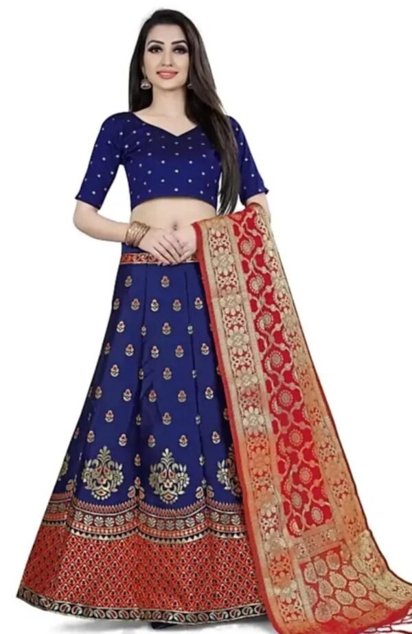 Semi-Stitched Silk Lehenga Set DARK BLUE AND RED