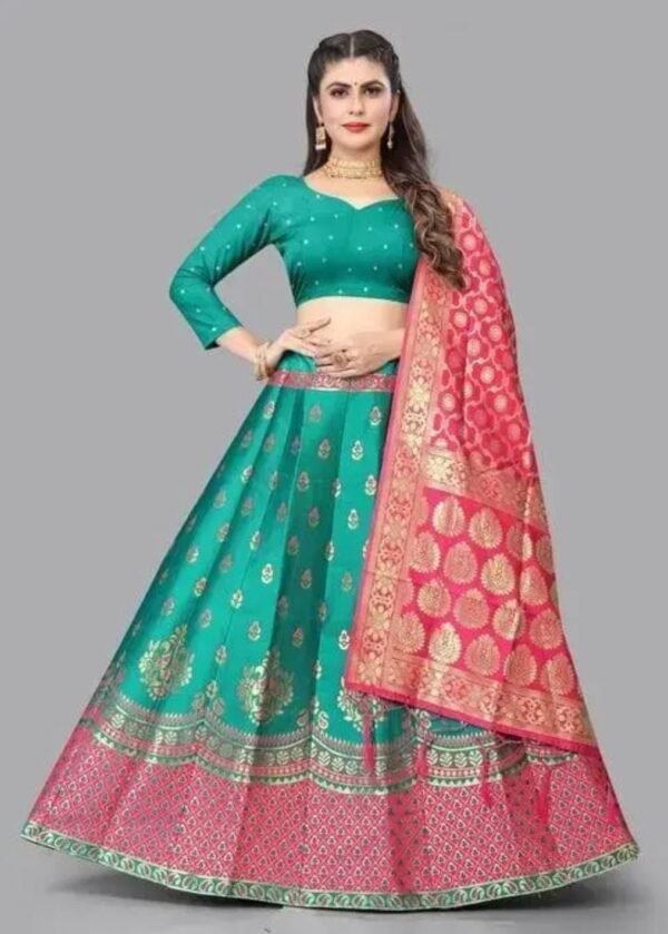 Semi-Stitched Silk Lehenga Set GREEN AND PINK