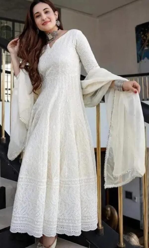 Elegant White Chikankari Anarkali Long Kurti with Dupatta Set - Image 2