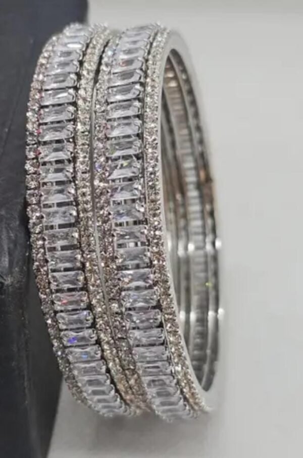 Close-up of the Silver-Plated Bangles Set, featuring cubic zirconia and American diamonds, photographed from the right angle to highlight its detailed craftsmanship.