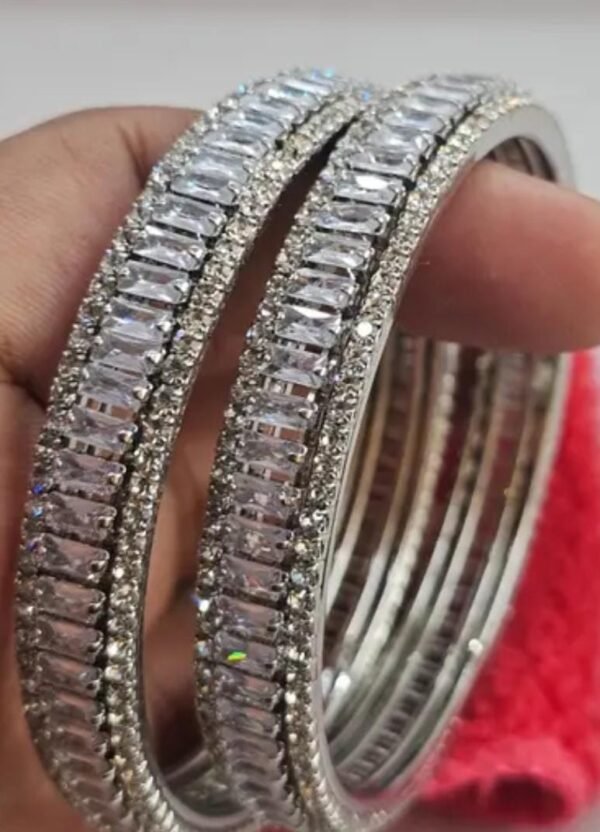 Close-up of the Silver-Plated Bangles Set, featuring cubic zirconia and American diamonds, photographed from the left angle for a detailed view.
