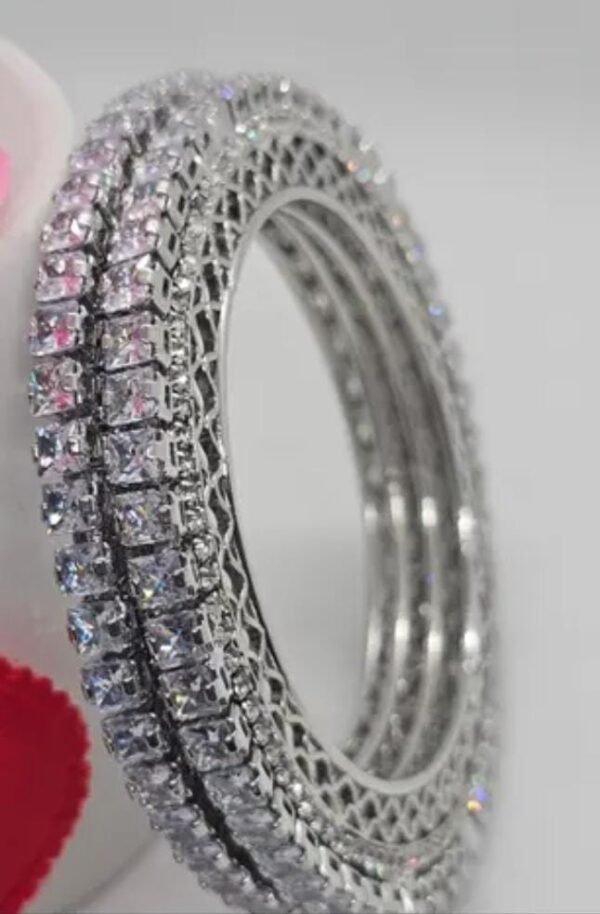 Close-up of the Silver-Plated Bangles Set with cubic zirconia, photographed from the right angle to showcase its detailed craftsmanship and sparkle.