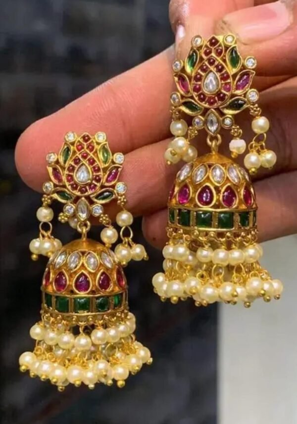 Premium gold-plated matte finish jhumka earrings featuring multicolor Kundan stones and pearls, designed for ethnic wear.