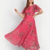 Elegant pink floral maxi dress with a flattering fit and flare silhouette, crafted from breathable georgette fabric with a round neck and flared sleeves.