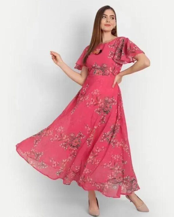Elegant pink floral maxi dress with a flattering fit and flare silhouette, crafted from breathable georgette fabric with a round neck and flared sleeves.
