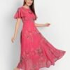 Pink floral maxi dress in georgette fabric with a fit & flare silhouette, round neck, flared sleeves, and elegant party wear styling.