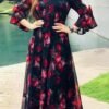 Elegant black maxi dress with pink roses, fit and flare silhouette, crafted in georgette fabric with three-quarter bell sleeves, available in XS to 9XL.