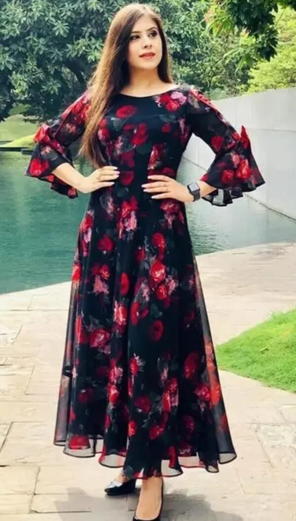 Elegant black maxi dress with pink roses, fit and flare silhouette, crafted in georgette fabric with three-quarter bell sleeves, available in XS to 9XL.