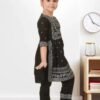 Side profile of black cotton blend kurta pant set, knee-length, printed fabric, comfortable fit.