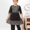 Black cotton blend kurta pant set for girls, knee-length, printed design, front view.