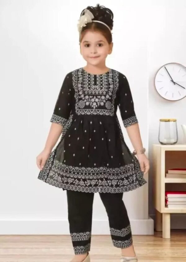 Black cotton blend kurta pant set for girls, knee-length, printed design, front view.