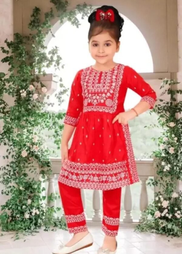 Red cotton blend kurta pant set for girls, knee-length, printed design, front view.