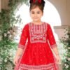 Close-up of red cotton blend kurta fabric, printed design, and smooth texture.