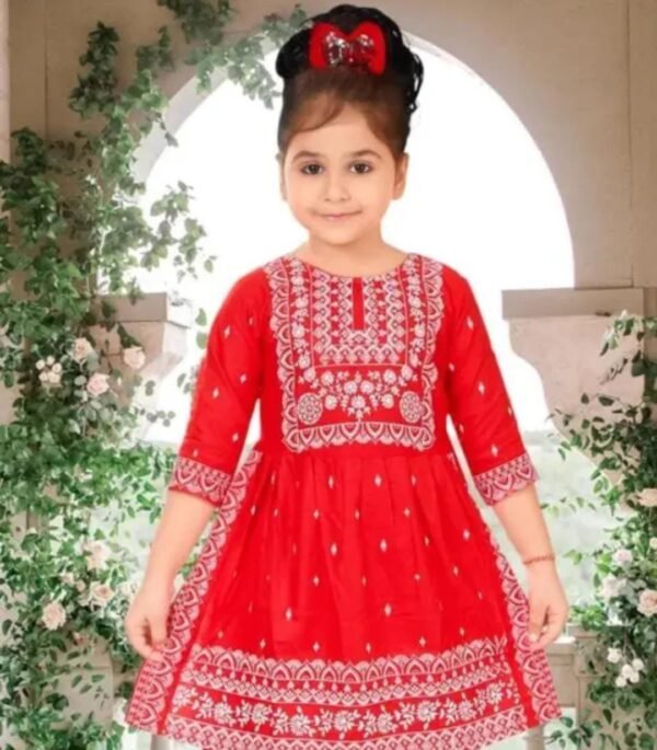 Close-up of red cotton blend kurta fabric, printed design, and smooth texture.