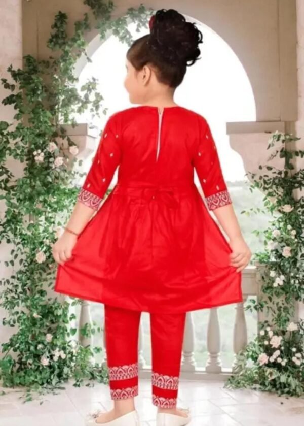 Back view of red cotton blend kurta pant set, showcasing breathable fabric and elegant fit.