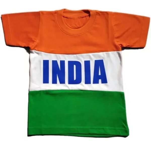 T-shirt with horizontal orange, white, and green stripes representing the Indian flag, featuring bold blue “INDIA” text across the white stripe