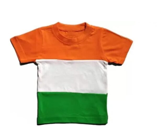 Short-sleeved kids’ t-shirt with horizontal orange, white, and green stripes inspired by the Indian flag
