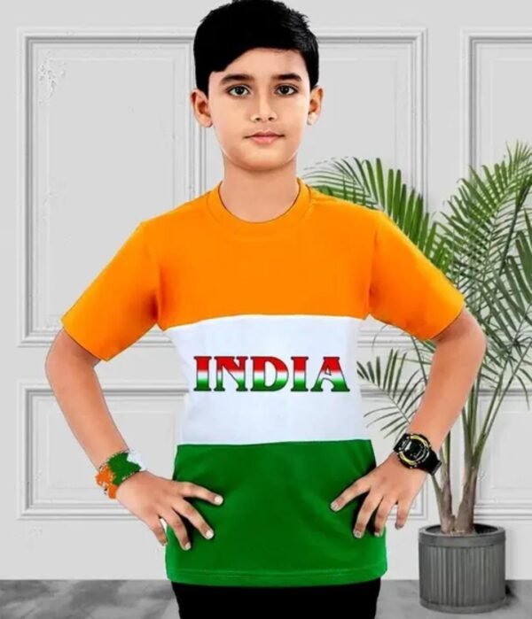 Person wearing a T-shirt with saffron, white, and green horizontal stripes and “INDIA” written in bold gradient letters, standing with hands on hips near a plant