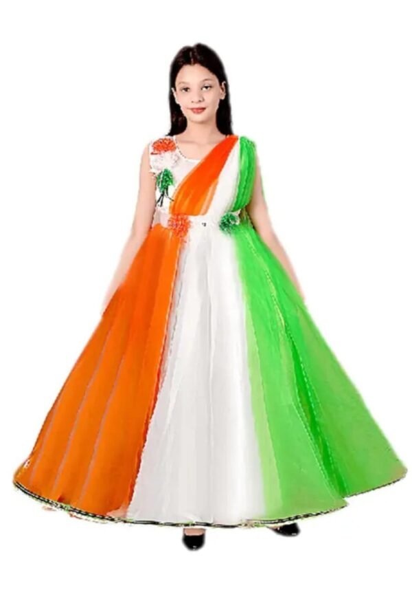 Child wearing a long dress with vertical saffron, white, and green panels representing the Indian flag, decorated with floral embellishments on the shoulder and waist
