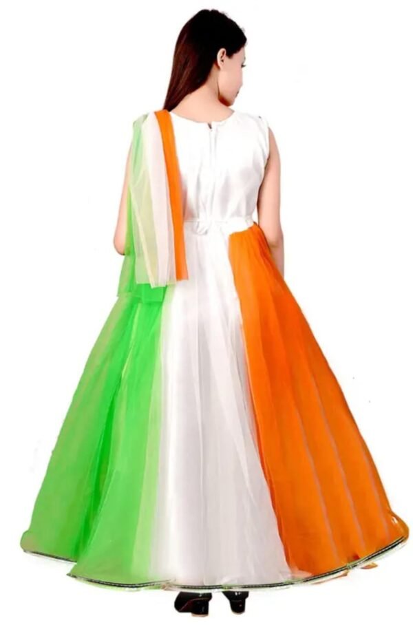 Back view of a sleeveless dress in Indian flag colors—white base with green and orange panels—paired with a matching tricolor dupatta draped over the shoulder